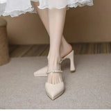 Women’s Slippers Beige Pointed Toe Heeled Slides