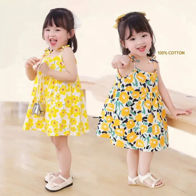 Summer cute girls dress in vibrant yellow and floral patterns, made from 100% cotton for ages 4-6 years.