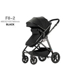 High-view four-wheel baby stroller in black, model F8-2, suitable for infants and toddlers, folding design.