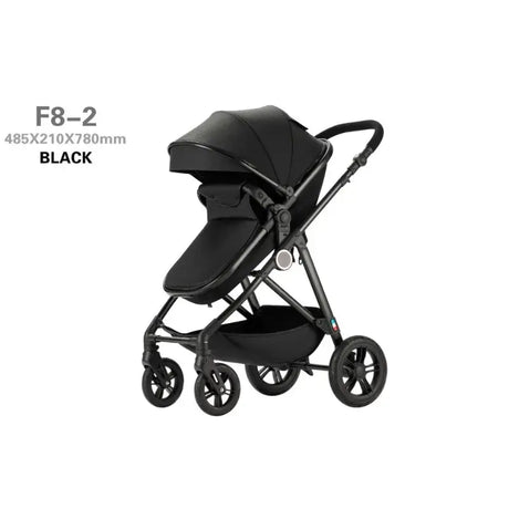 High-view four-wheel baby stroller in black, model F8-2, suitable for infants and toddlers, folding design.