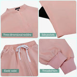 Close-up of features on a pink elastic medical scrub set: three-dimensional neckline, side pockets, elastic waist, and threaded hem.