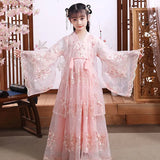 Modern Fairy Hanfu girls cosplay dress in pink with floral details, perfect for kids' costumes and special occasions.