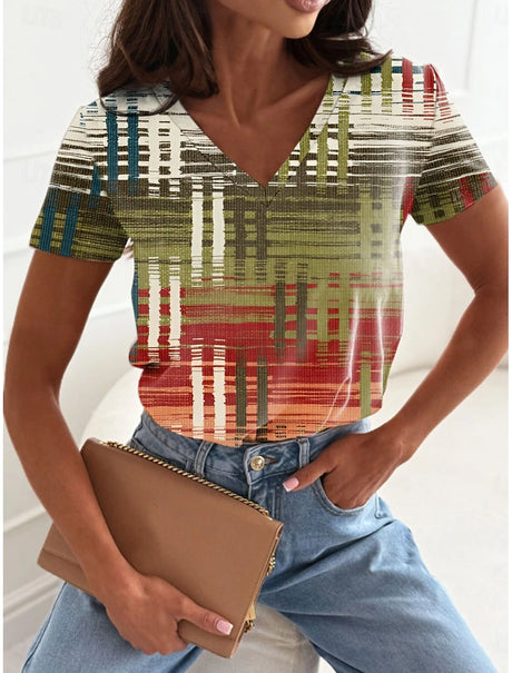 Vintage floral 3D print V-neck T-shirt for women, featuring a colorful woven pattern and a stylish fit.