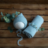Newborn stretch knit mohair set with soft blue hat and wrap for babies, perfect for ages 0-1 year.