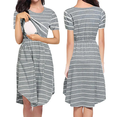 Striped multifunctional nursing dress for maternity, featuring a boat neck and knee-length design, perfect for baby showers.