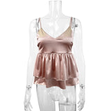 Ruffle Strap V-Neck Backless Crop Top in pink, perfect for summer club style, made from stretchy polyester.