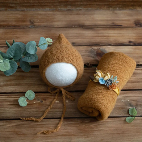 Newborn stretch knit mohair bonnet and wrap in warm brown, ideal for baby photography props, made from soft wool.
