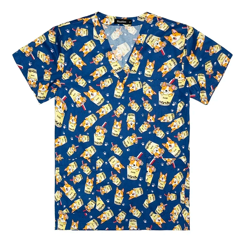Women’s cotton nurse scrubs featuring playful corgi and drink print, perfect for medical or uniform wear.