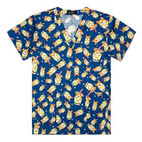 Women’s cotton nurse scrubs featuring playful corgi and drink print, perfect for medical or uniform wear.