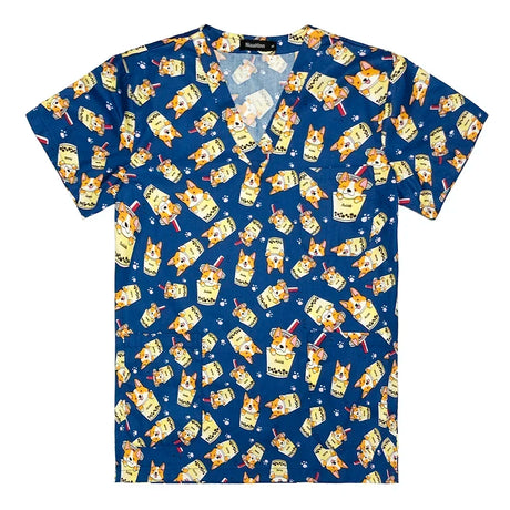 Women’s cotton nurse scrubs featuring playful corgi and drink print, perfect for medical or uniform wear.