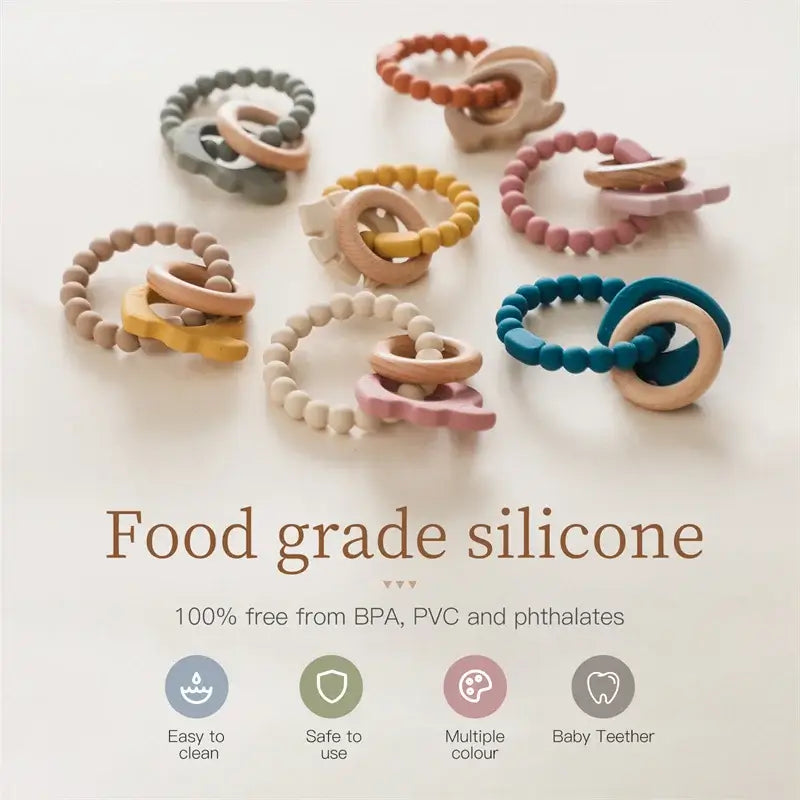 Colorful baby teether rings made from food-grade silicone, safe, easy to clean, BPA-free, phthalate-free.