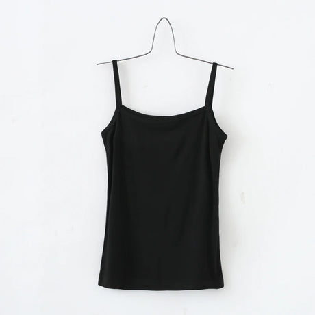 BasicBreeze™ Black Solid Cotton Strap Camisole Hanging on White Background