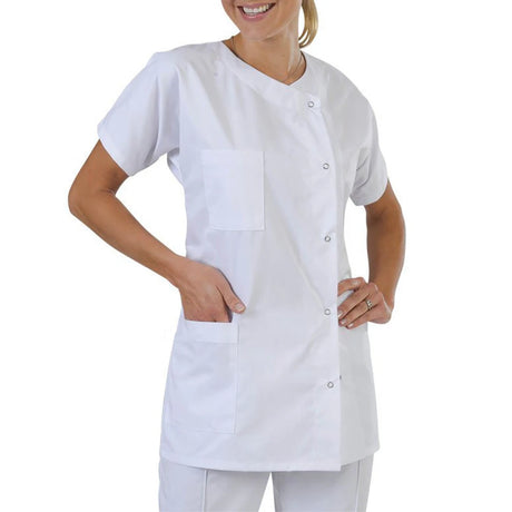 Unisex short sleeve medical shirt in white, featuring buttons and pockets, ideal for pharmacy and doctor's outfit.