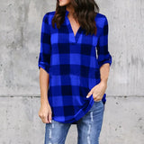 Blue plaid V-neck summer t-shirt for women, lightweight and casual, perfect for beach style.