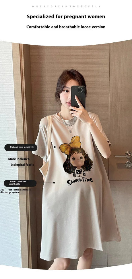 Sweet Casual Maternity T-Shirt Dress for pregnant women, featuring a cartoon design and breathable fabric in a loose fit.