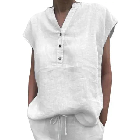 BreezyLuxe™ Cotton Linen V-Neck Blouse in white, short sleeves, quick-dry summer top for juniors.