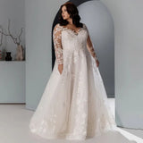Women Plus Size Glitter Tulle Long Sleeve Wedding Gown