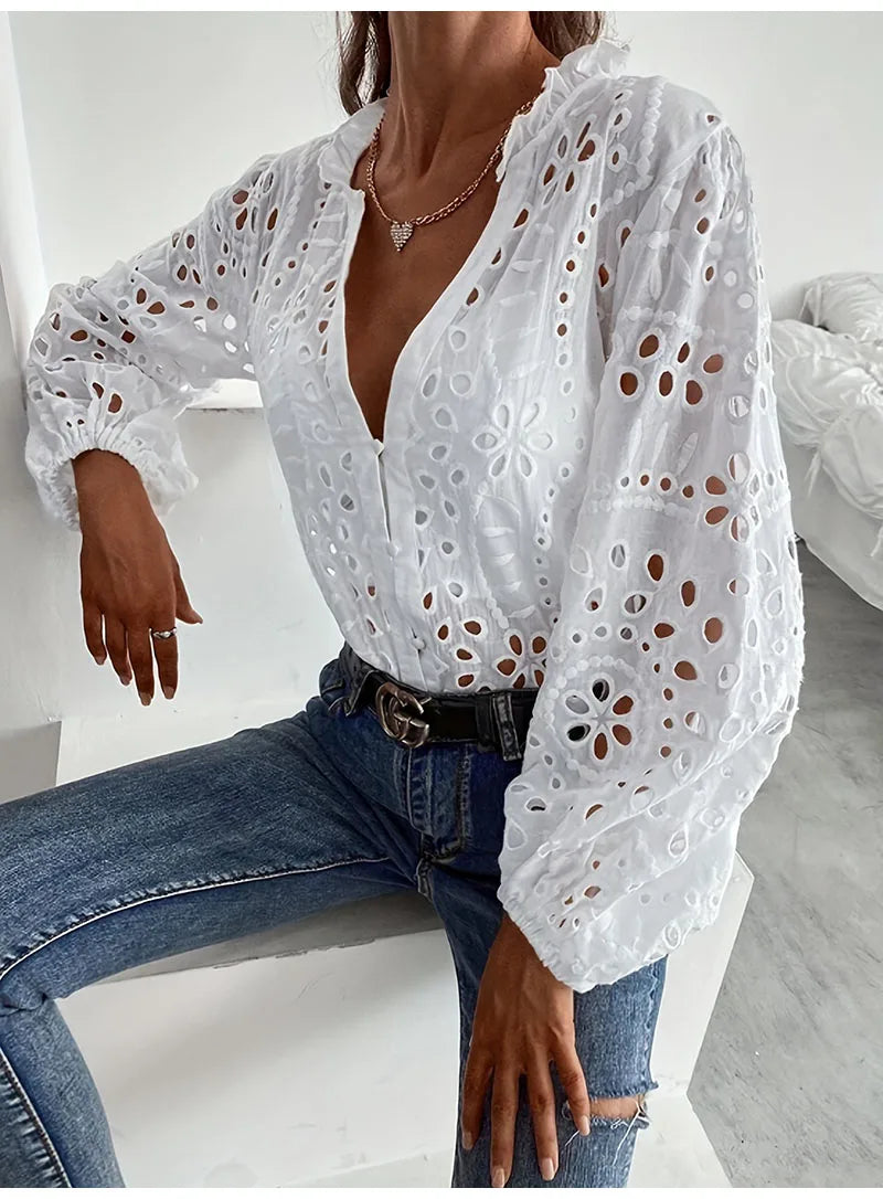 LaceWhisper™ Hollow Out White Lace Shirt with V-Neck, long sleeves, perfect for summer style.