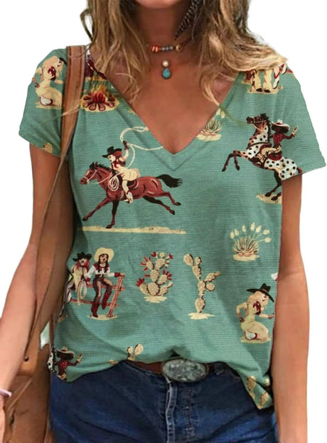 Western cowgirl graphic t-shirt with V-neck, featuring playful equestrian print, ideal for casual wear.
