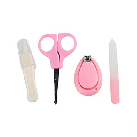 Newborn baby nail care set with pink scissors, clippers, file, and protective cover for safe trimming.
