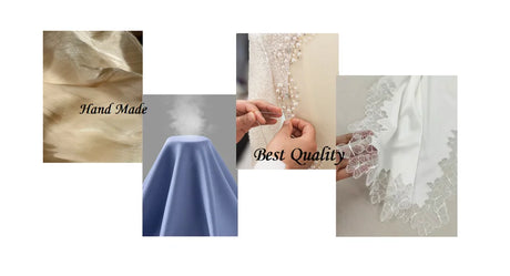 Collage of fabrics and details showcasing handmade quality, luxurious satin, and intricate lace for wedding dresses.