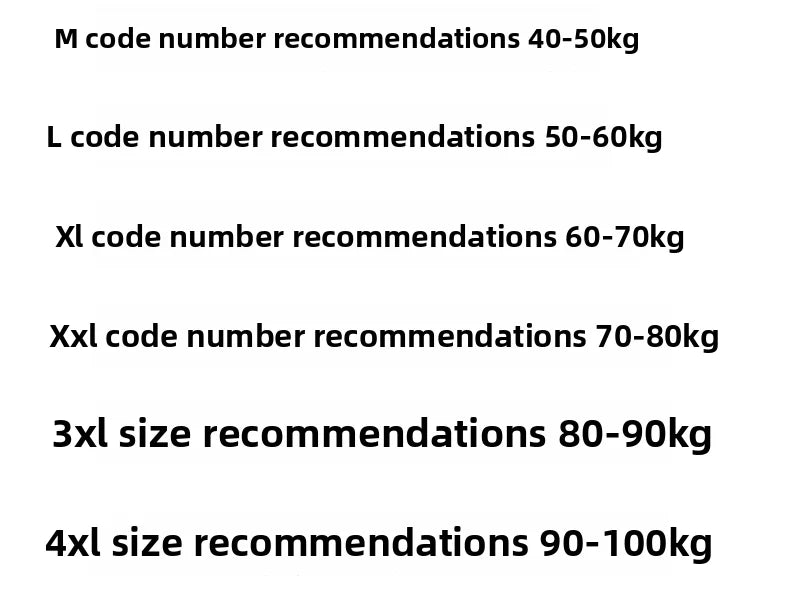 Size recommendations chart for M to 4XL with corresponding weight ranges for clothing.
