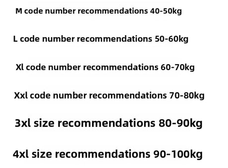 Size recommendations chart for M to 4XL with corresponding weight ranges for clothing.