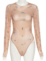 Women Slim Long Sleeve Print Bodysuit