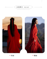 Women’s Hanfu red dress cosplay costume showcasing front and back views in a scenic background.