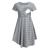 Striped multifunctional nursing dress in gray, designed for maternity and breastfeeding, knee-length with A-line silhouette.