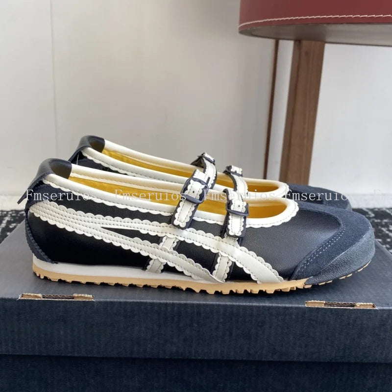 Women Ballet Flats Round Toe Lace Genuine Leather