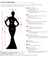 Measurement guide for bridesmaid dresses with detailed instructions for bust, waist, hips, and overall fit.