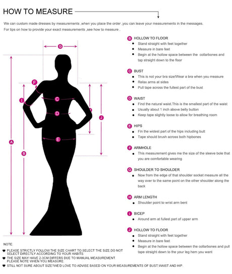 Measurement guide for bridesmaid dresses with detailed instructions for bust, waist, hips, and overall fit.