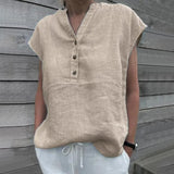 BreezyLuxe™ cotton linen V-neck blouse, casual summer top with button closure, lightweight and stylish.