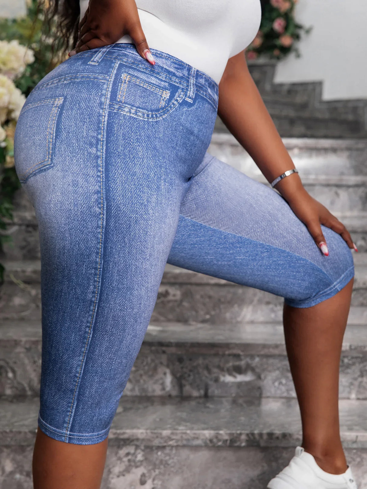 Women Denim Print Capri Leggings