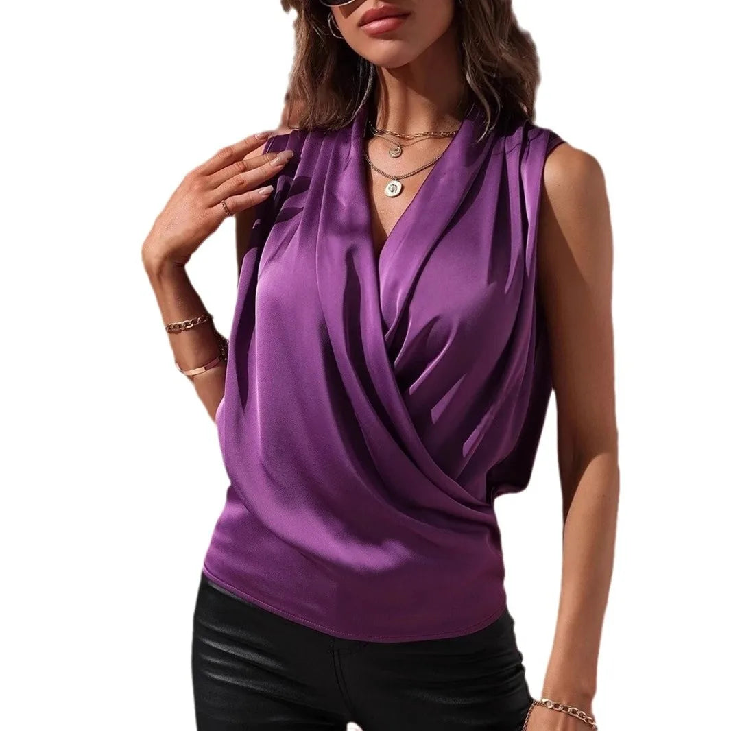 Women Sleeveless Satin Pleated Blouse
