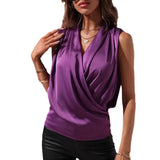 Women Sleeveless Satin Pleated Blouse