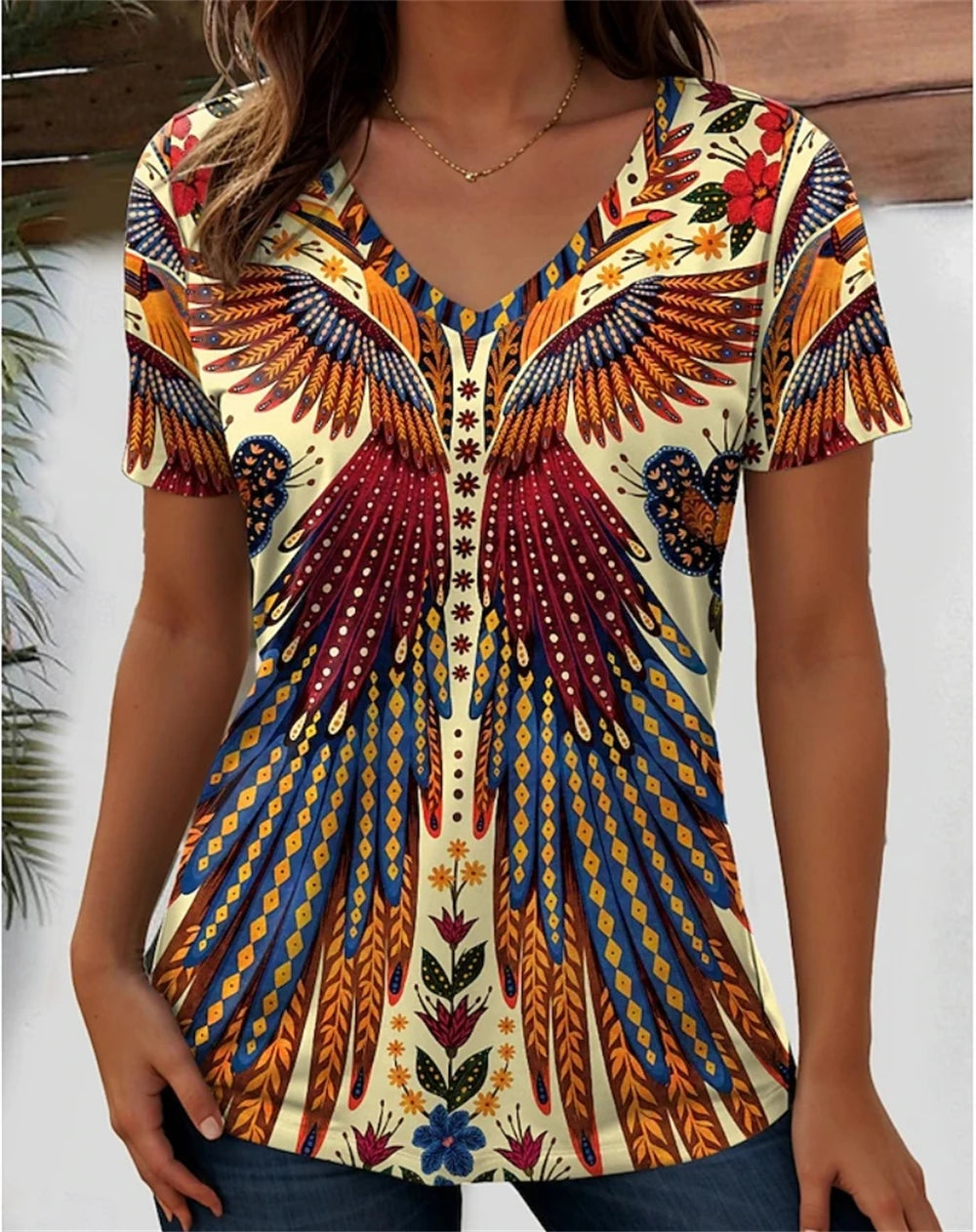 3D flower graphic V-neck tee for women, featuring a vibrant eagle design in colorful broadcloth fabric.