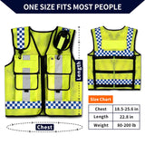 Adjustable mesh safety vest for utility and safety, features size chart, breathable hi-vis fabric, fits most body types.
