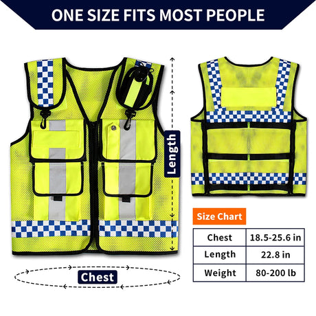 Adjustable mesh safety vest for utility and safety, features size chart, breathable hi-vis fabric, fits most body types.