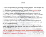 Shipping instructions outlining order processing, delivery, and customer responsibility for customs charges.