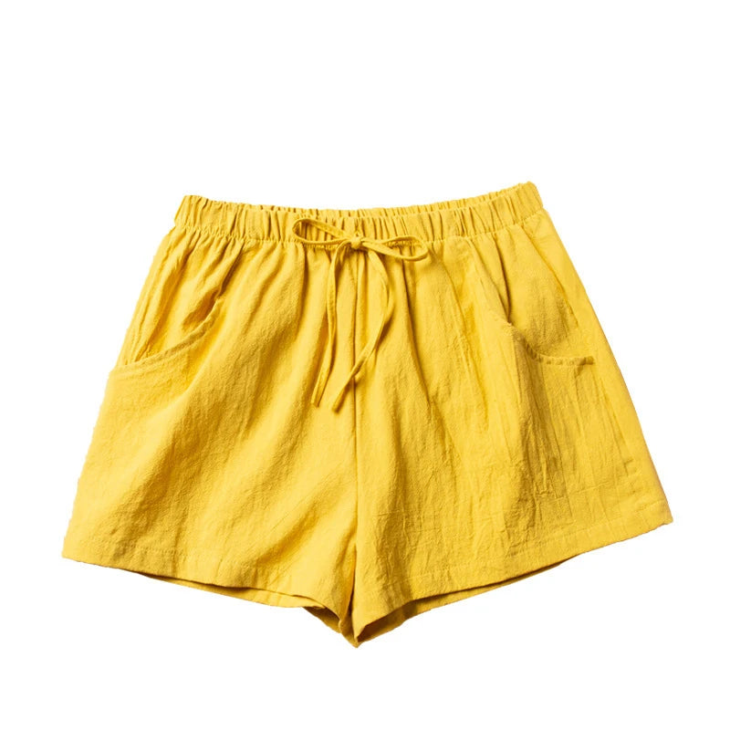 Women Cotton Linen High Waist Shorts