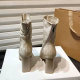 Women Mid Calf Boots Leather Cowboy Heels