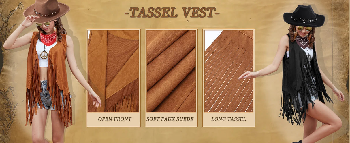 Cowboy costume tassel vest showcasing open front design, soft faux suede material, and long tassels for women's outfits.