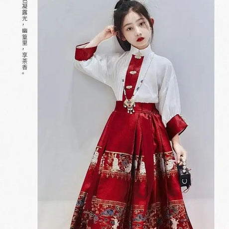 Summer hanfu girls dress with embroidered skirt in red and white, perfect for special occasions.