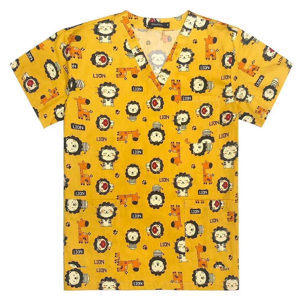 Women's cotton nurse scrubs with colorful lion print on a vibrant yellow background.