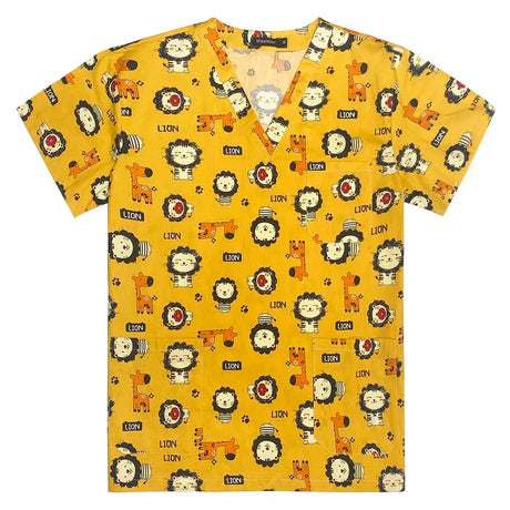 Women's cotton nurse scrubs with colorful lion print on a vibrant yellow background.