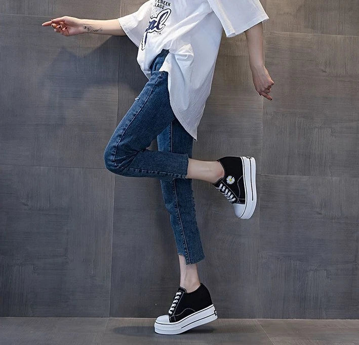 Women Canvas Shoes Black Platform Sneakers