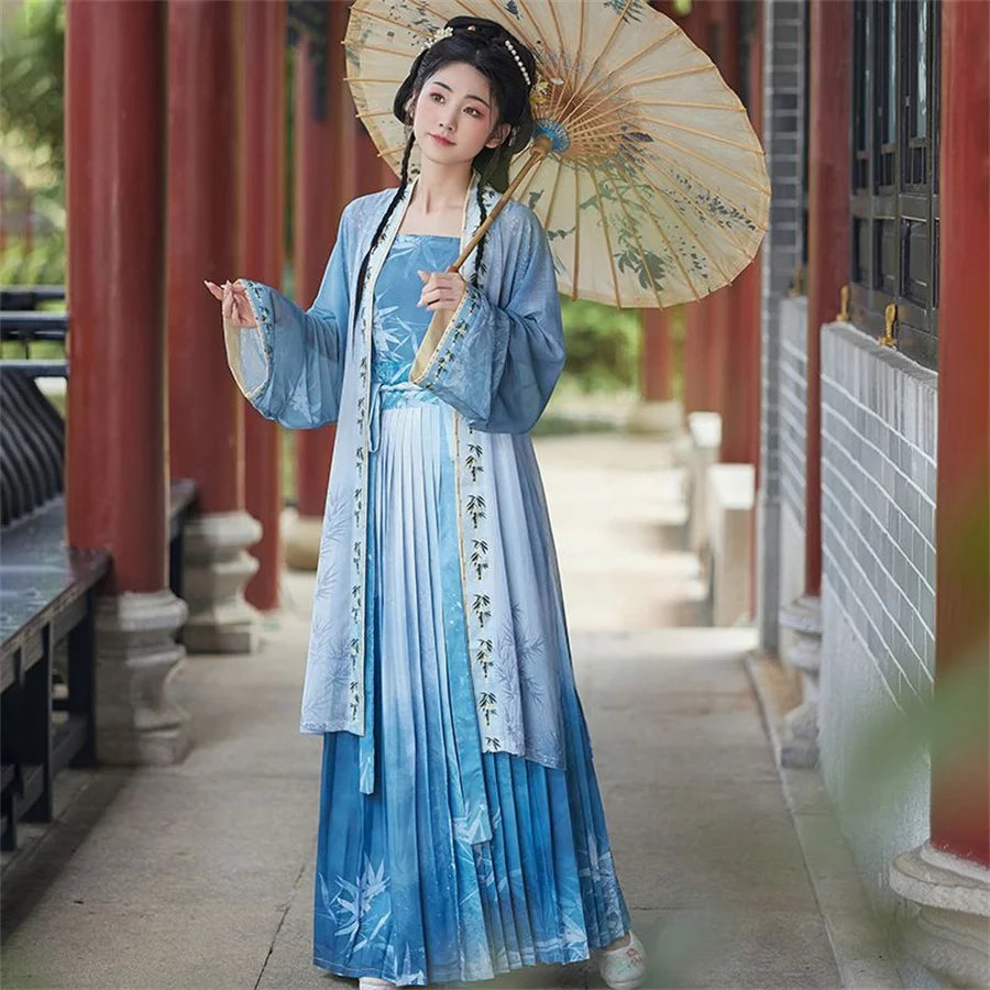 Women’s Hanfu cosplay dress featuring a blue gradient design, perfect for cultural events and festivals.
