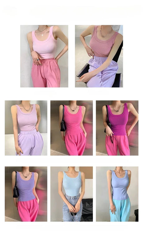 Collection of women's sleeveless retro ribbed tank tops in pastel colors, styled with casual pants.